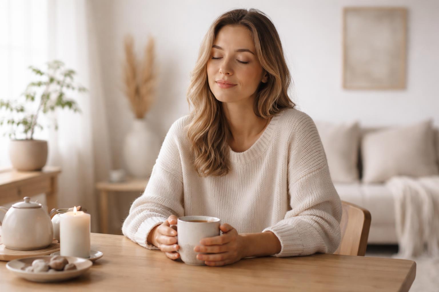 A relaxed person sitting at a wooden table, hands resting near a warm drink, soft daylight, calm expression, feeling of balance and wellbeing, minimalist interior, neutral colors, focus on calm and energy balance, realistic wellness lifestyle photography, no text, no branding, 16:9