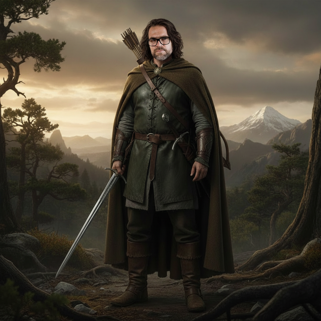 use his face to create Aragorn style with eyeglasses and beard