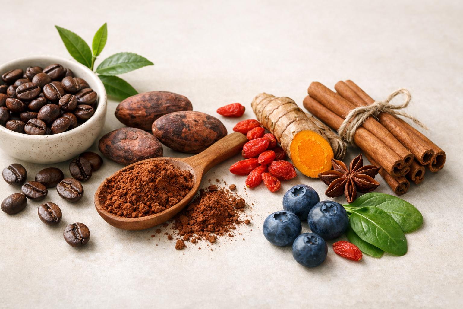 Close-up of natural ingredients rich in antioxidants such as coffee beans, cacao, spices or plants, arranged minimally on a light neutral background, soft natural lighting, organic textures, premium wellness photography, clean composition, no text, no logos, 16:9