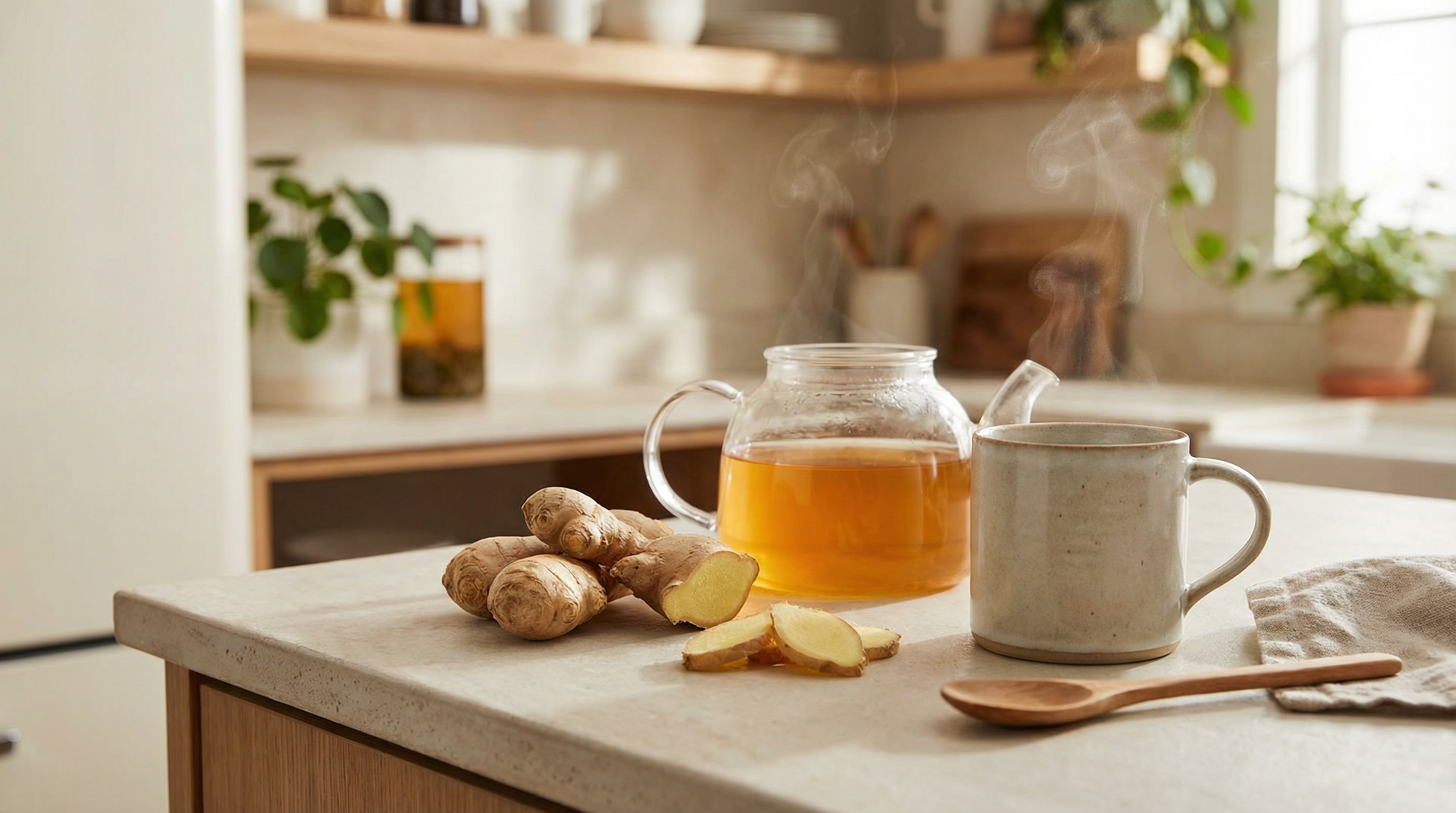 Fresh ginger root and a warm infusion on a minimalist kitchen surface, steam subtly visible, soft warm light, calm and natural mood, realistic food and wellness photography, clean composition, no text, no branding, premium blog style, 16:9