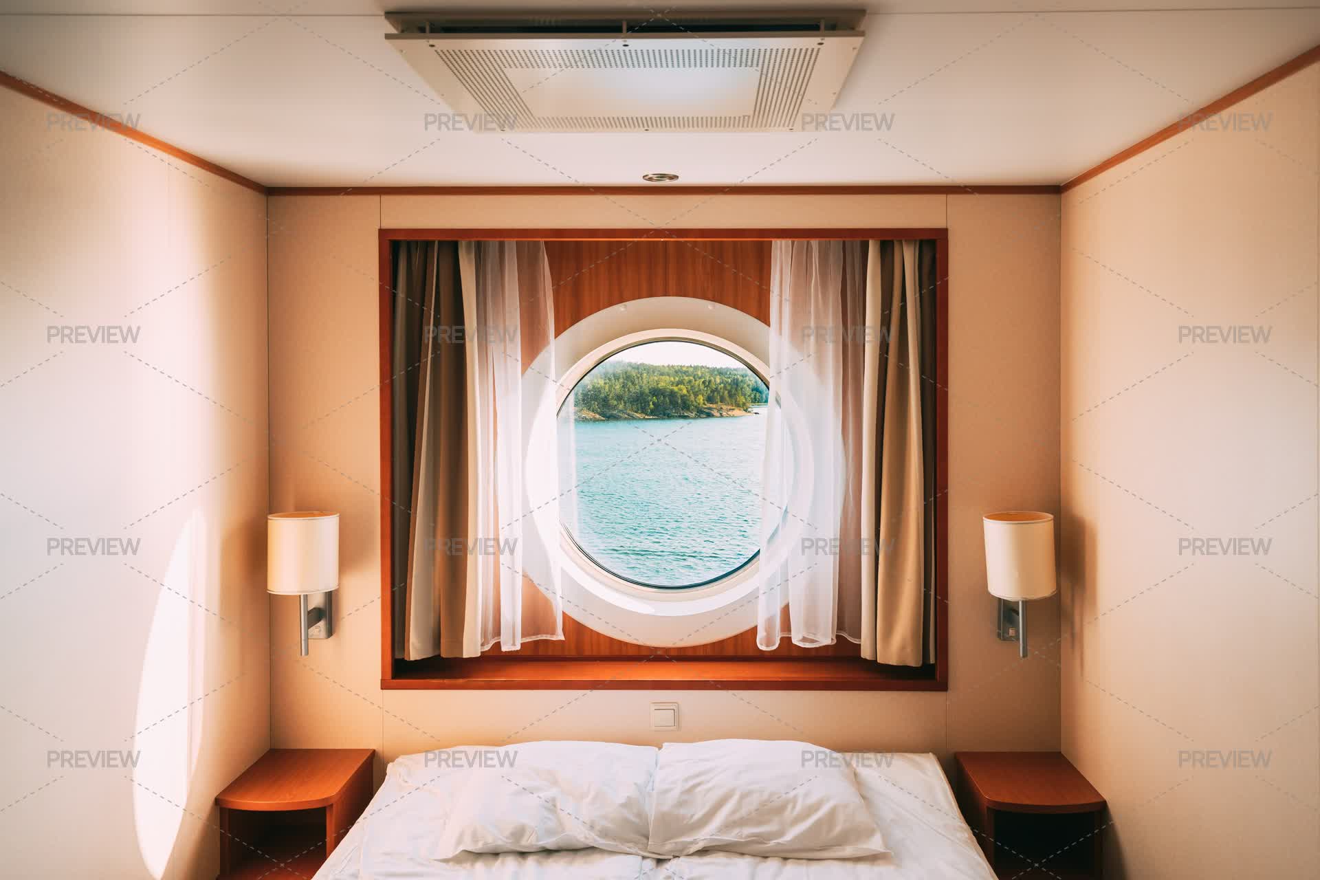 Ship Window In Craft Cabin With Bed. View On Sea. Luxury Cabin On Ferry ...