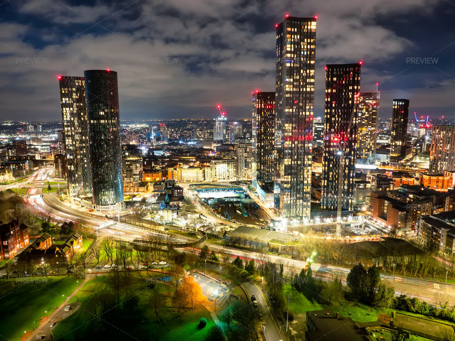 Manchester Deansgate Square At Night - Stock Photos | Motion Array