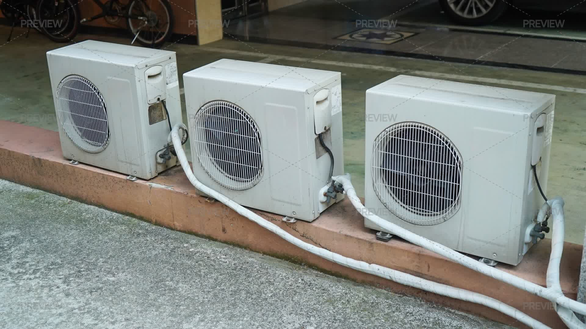 Outdoor Unit Array Three Outdoor Air Conditioner Units Lined Up In A Row - Stock Photos ...