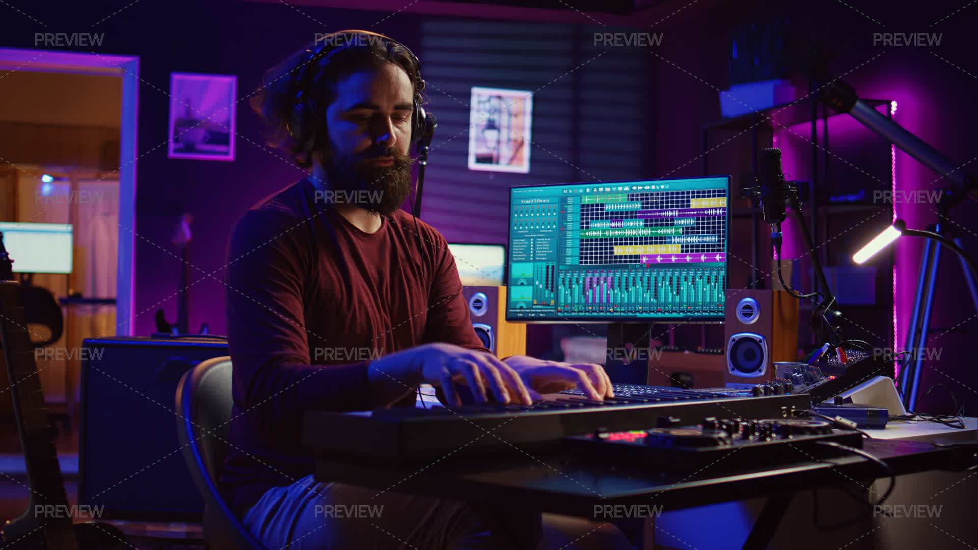 Songwriter Musician Playing Guitar And Electronic Piano Keyboard In ...