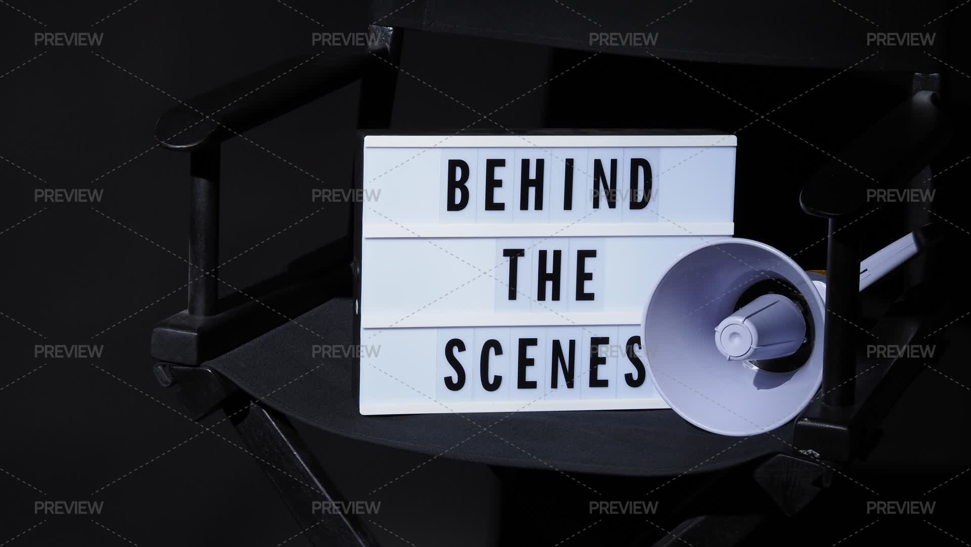 Lay Scene Behind The Scenes Text On Lightbox And Megaphone Lay On Director Chair ...