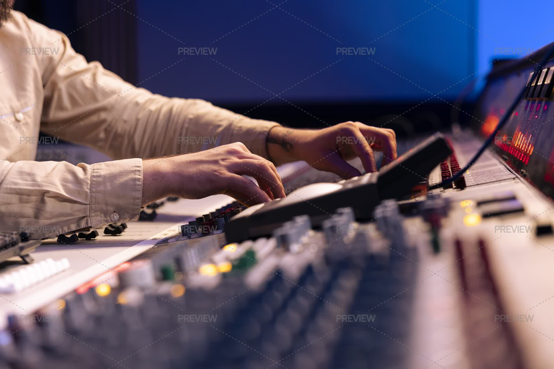 Array Control Expert Audio Expert Uses Mixing Console And Switchers On Control Room Panel ...