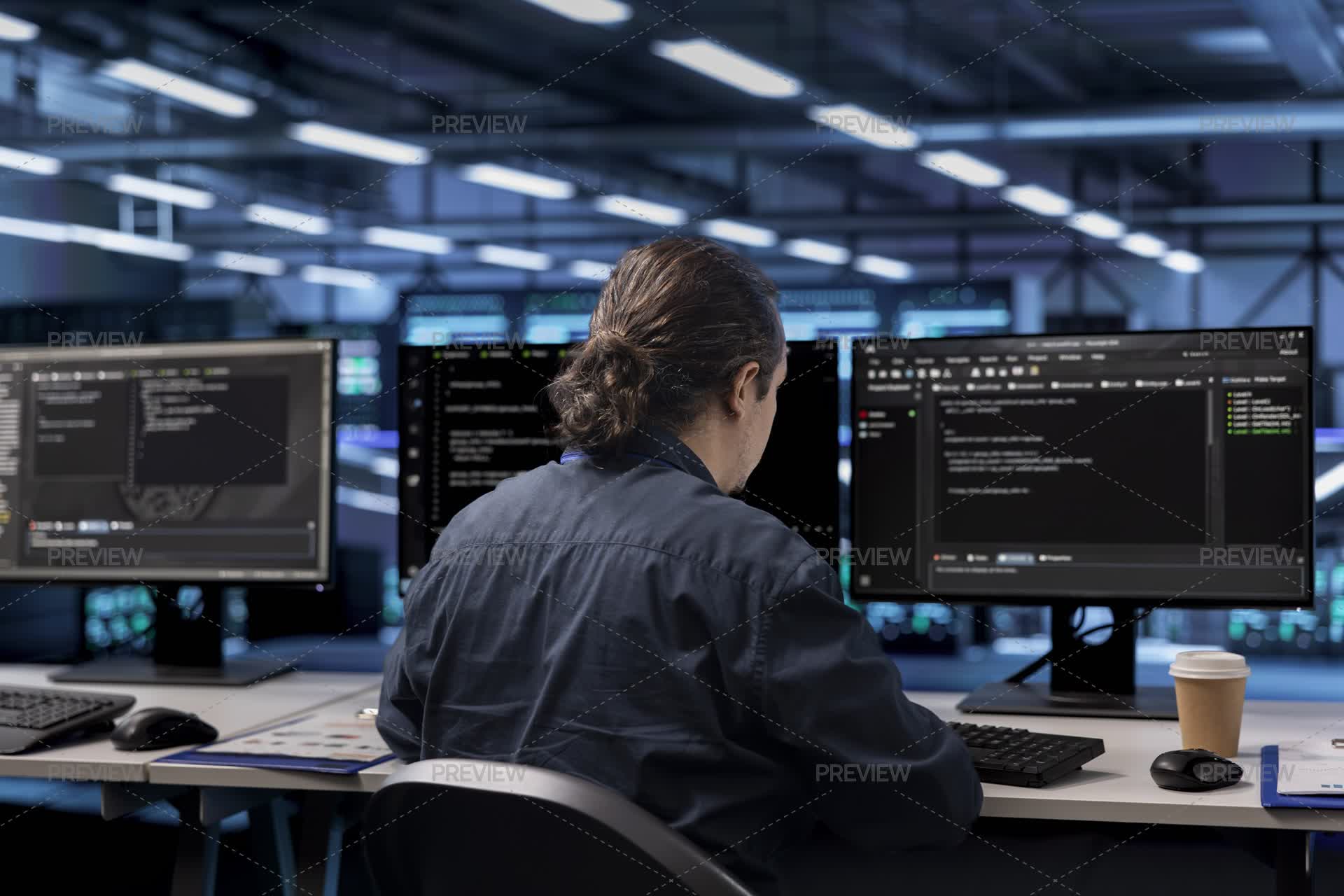 Worker At Computer Desk Safeguarding Data Center Against Unauthorized ...