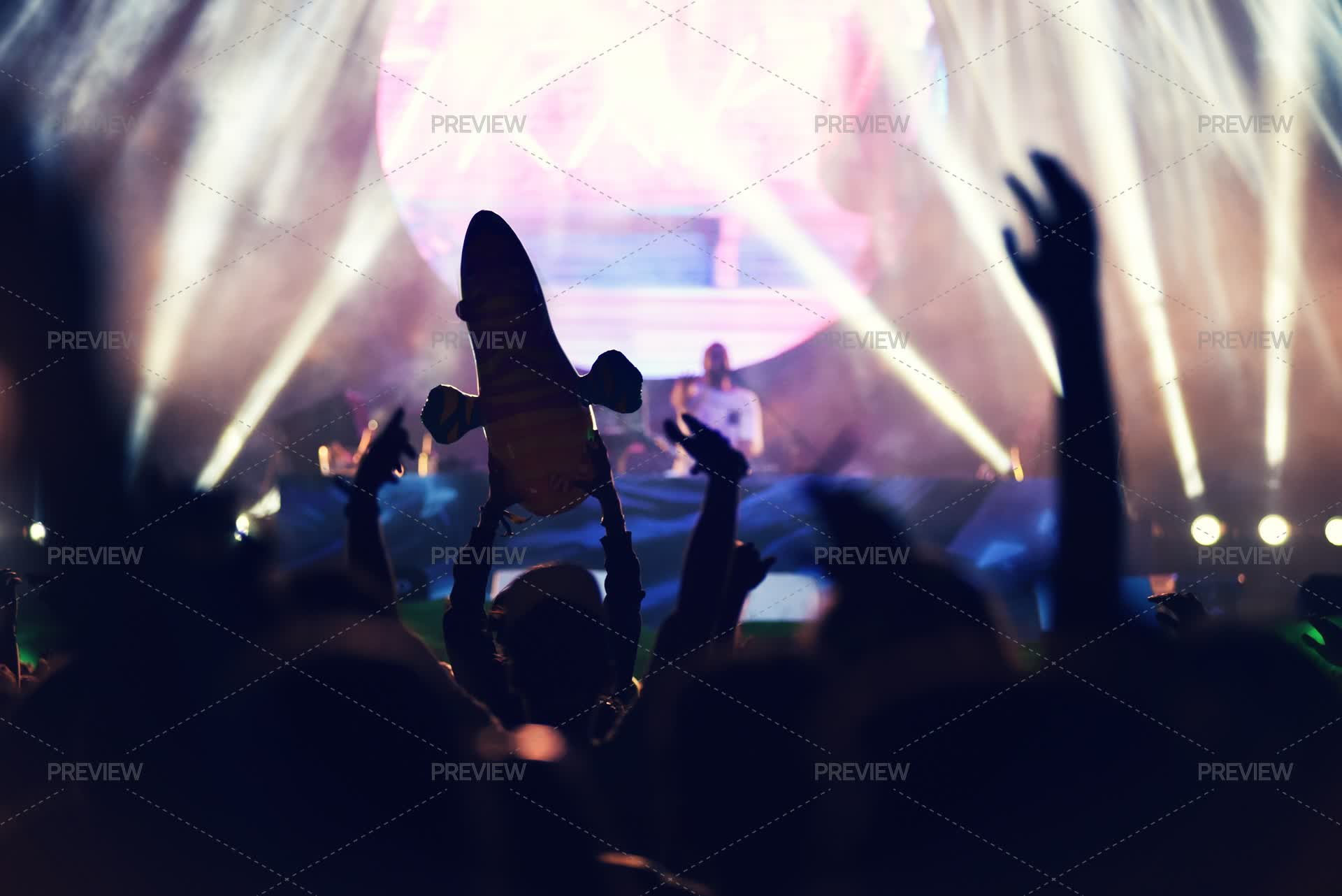 Crowd Of People Rocking During A Live Concert With Raised Arms - Stock ...