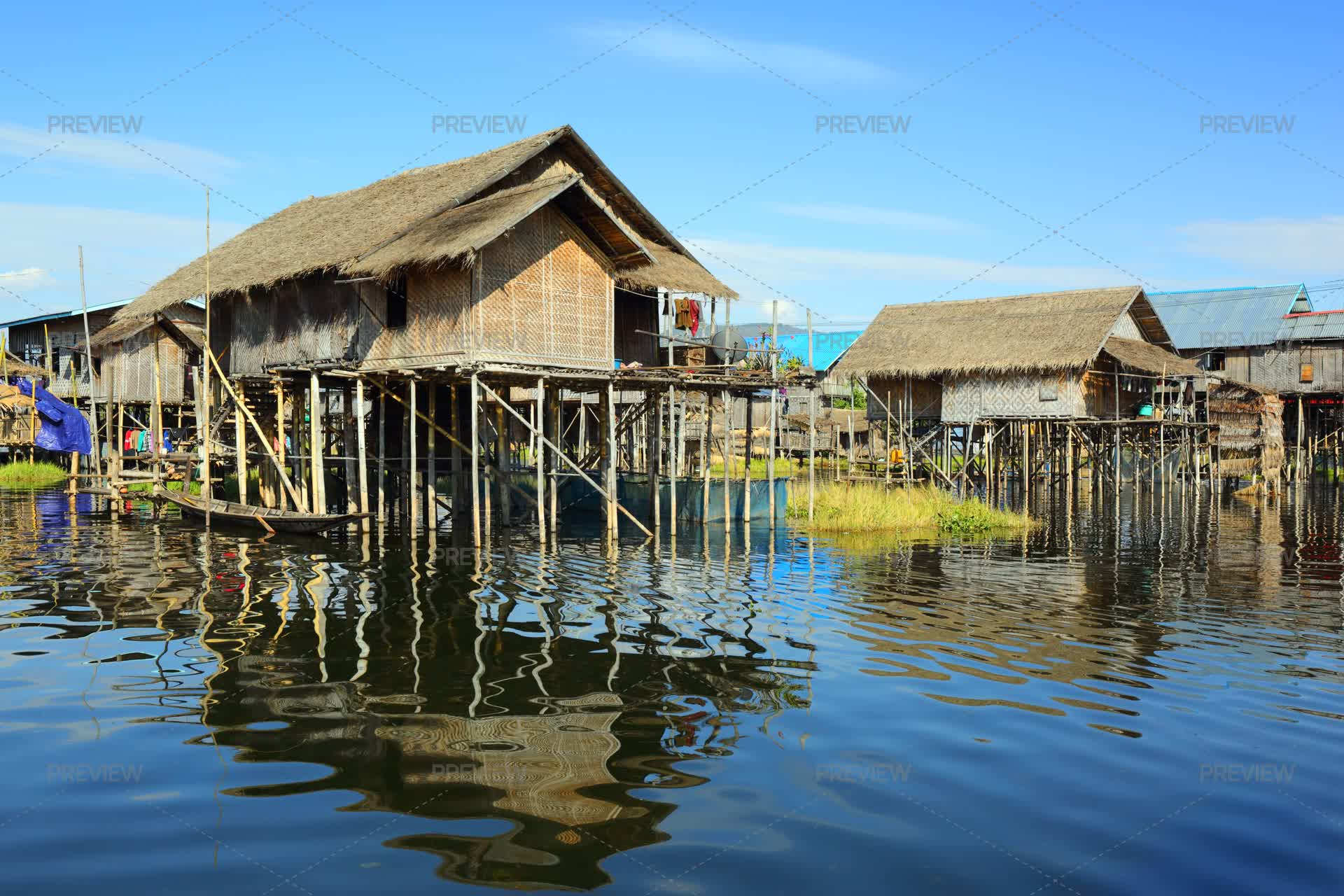 Stilted Community Stilted Houses In Village On Inle Lake - Stock Photos | Motion Array