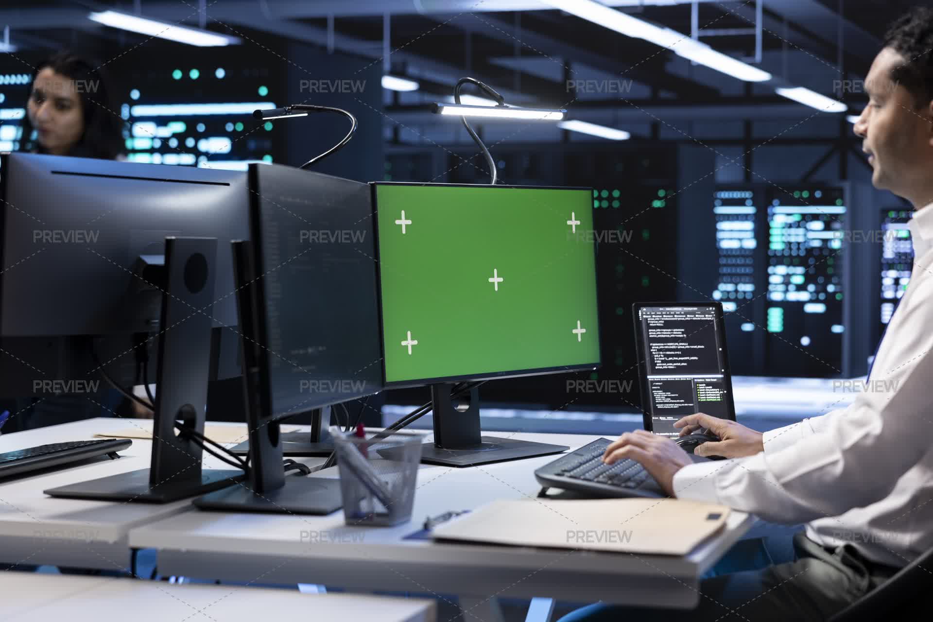IT Operators In Data Center Checking Equipment Performance On Mockup PC ...