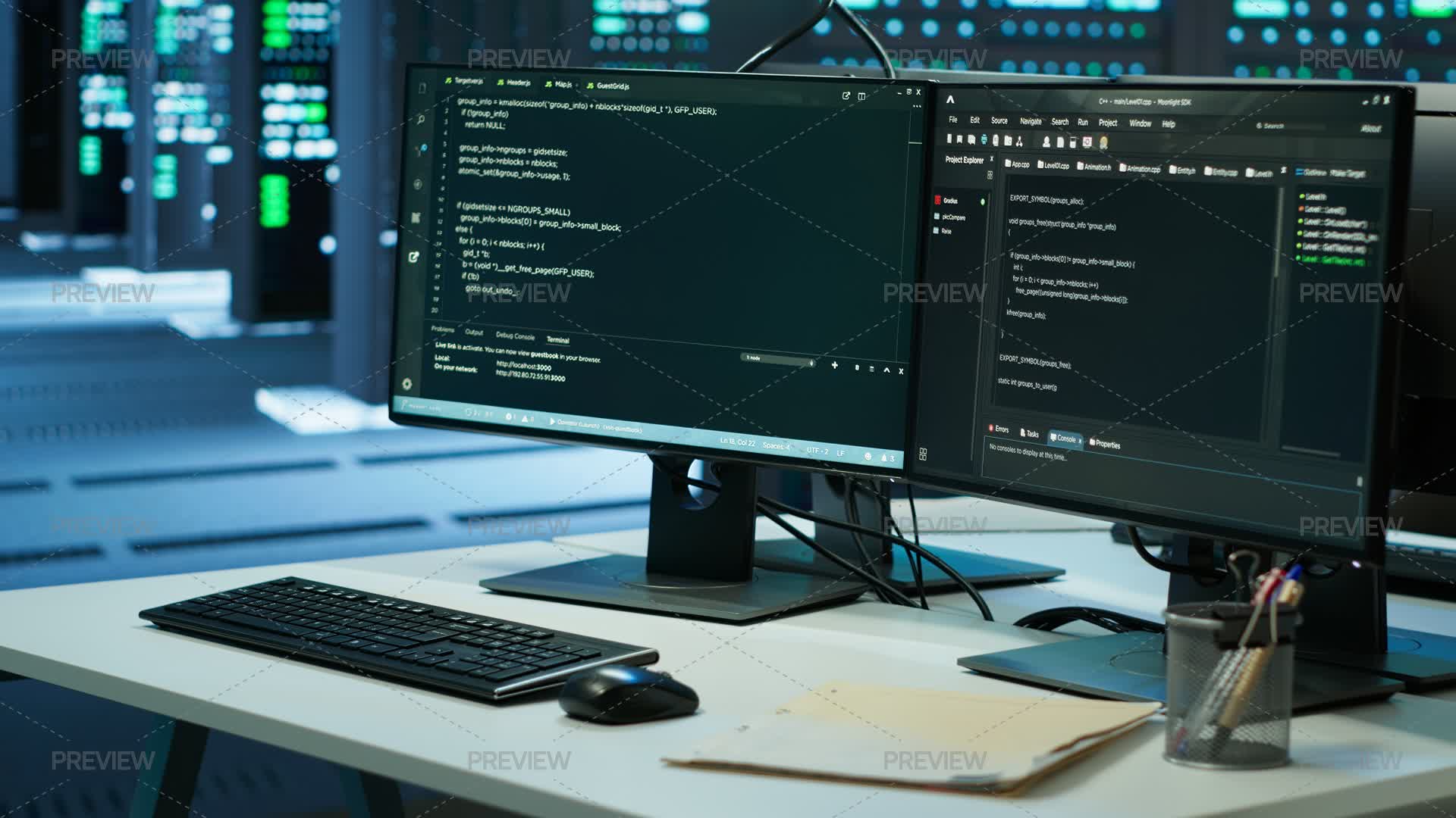 Computer Displays On Desk In Server Farm - Stock Photos | Motion Array