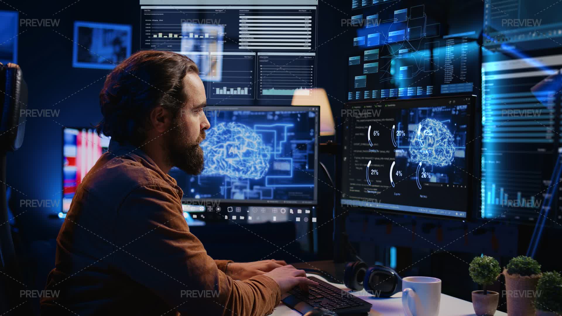 Freelance Programmer Using Computer, Interacting With Artificial ...