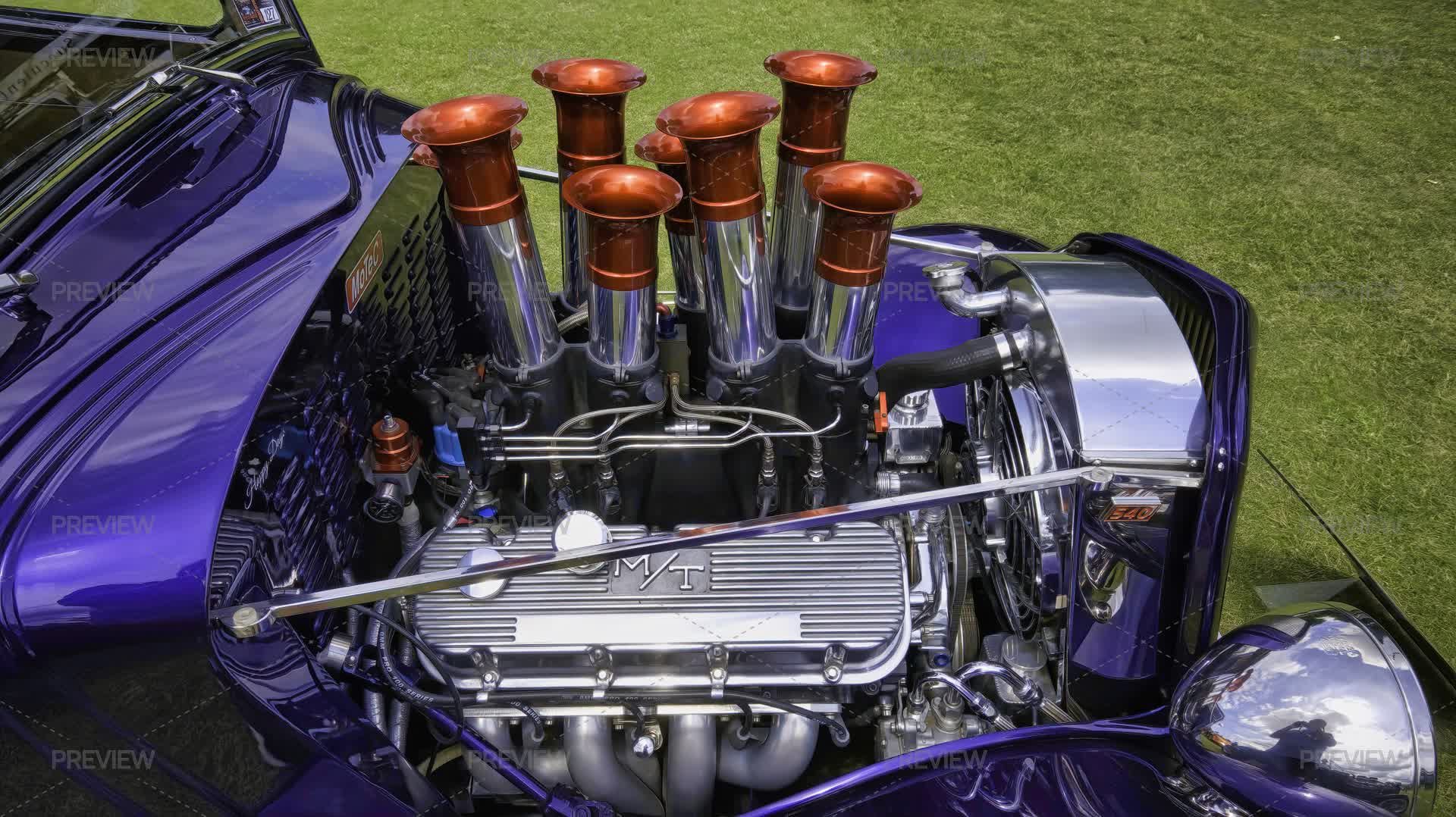 Velocity Engine Red Tipped Velocity Stacks Sticking Out Of A V8 Engine Of A Hot Rod ...