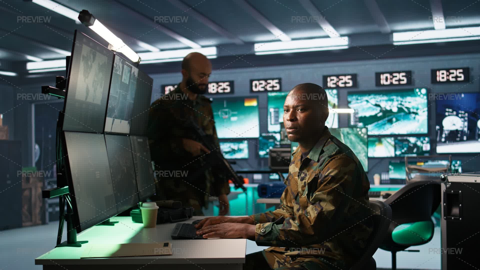 Intelligence Operative In Military Base Doing Surveillance With Radar ...