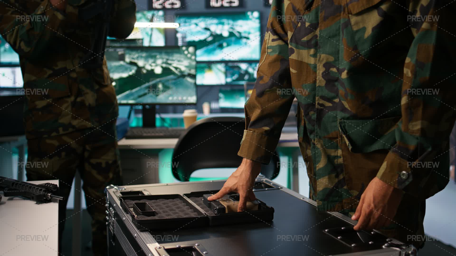 Close-Up Of Soldier Holding Pistol, Managing Combat Load Equipment ...