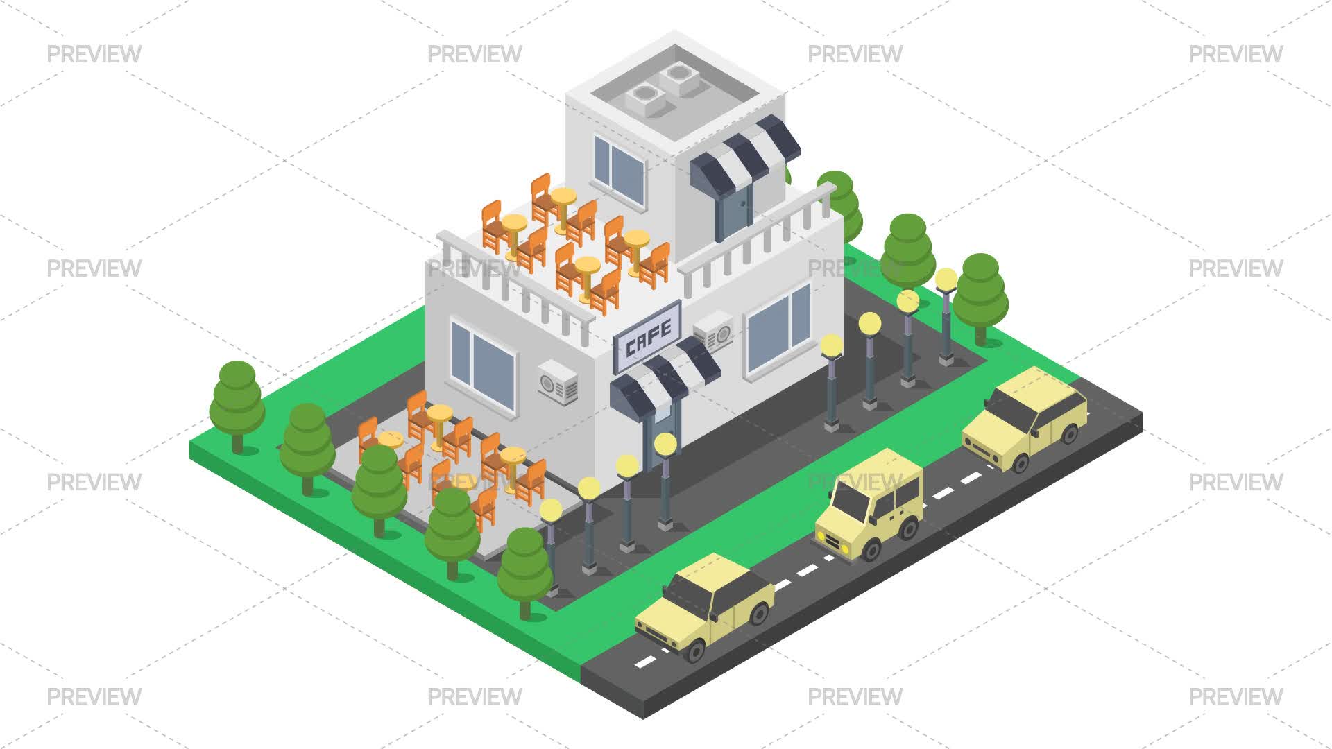 Cafe Building Isometric Illustration - Graphics | Motion Array