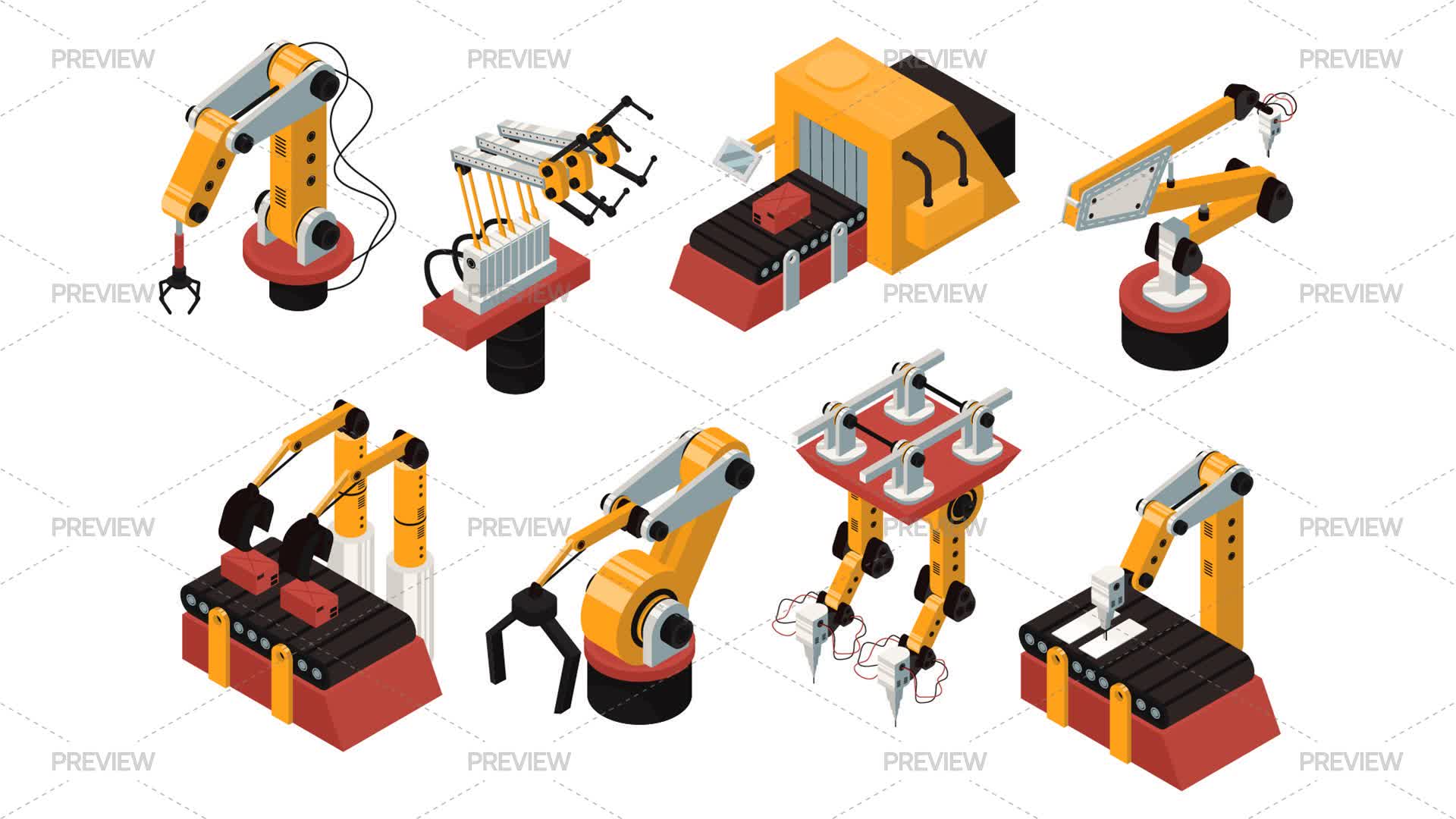 8 Robot Automation Isometric Elements - Graphics | Motion Array