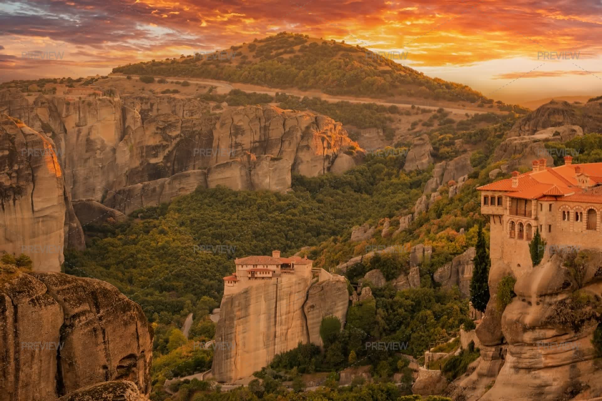 Greek Rock Monasteries And Sunset Sky - Stock Photos | Motion Array