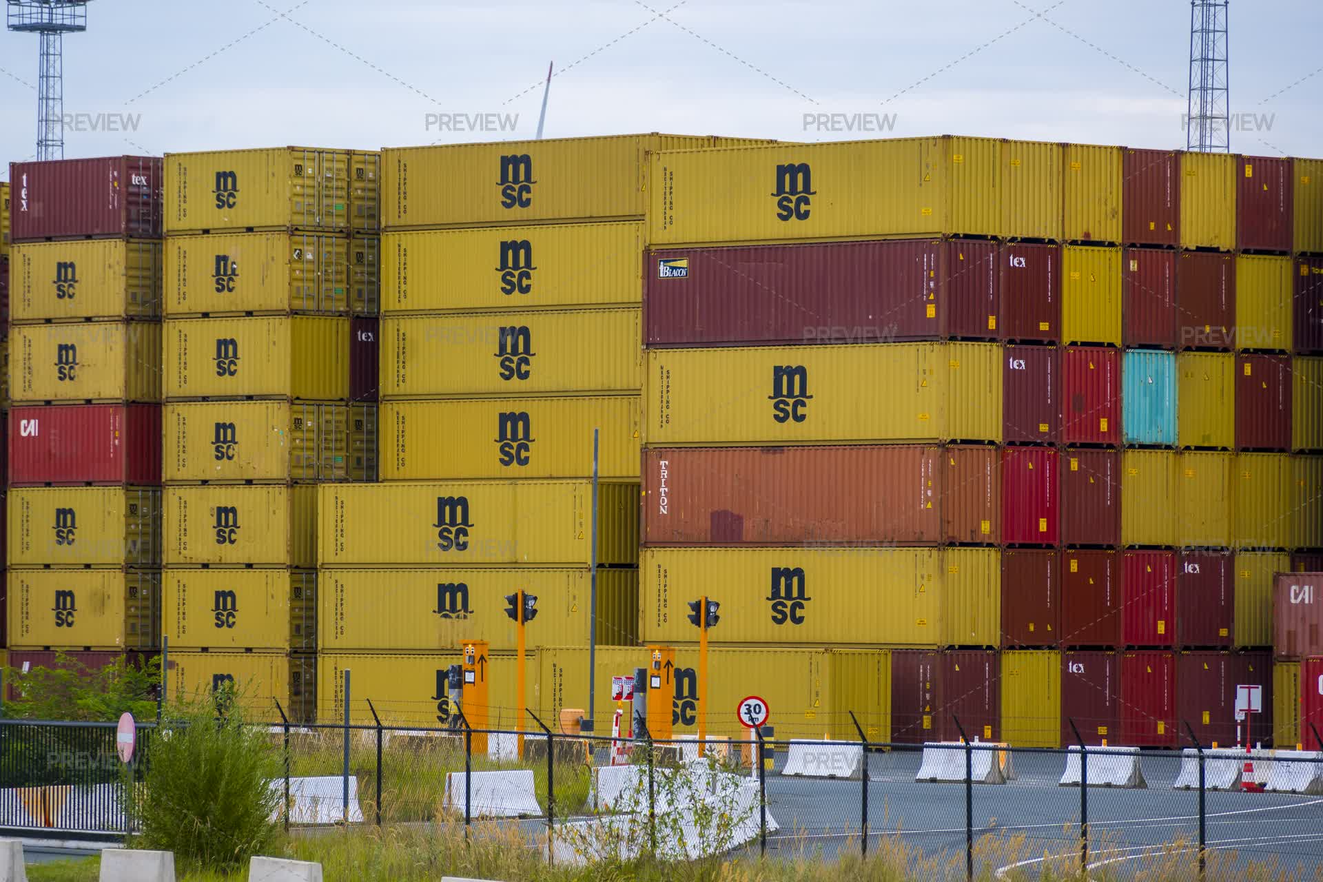 Cms Container View View On MSC Containers Stacked At Cargo - Stock Photos | Motion Array