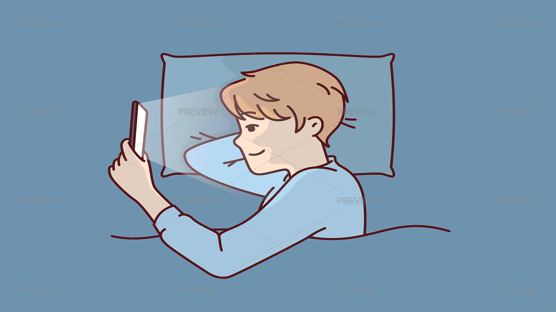 Using Phone Comic Boy Using Phone In Bed - Graphics | Motion Array