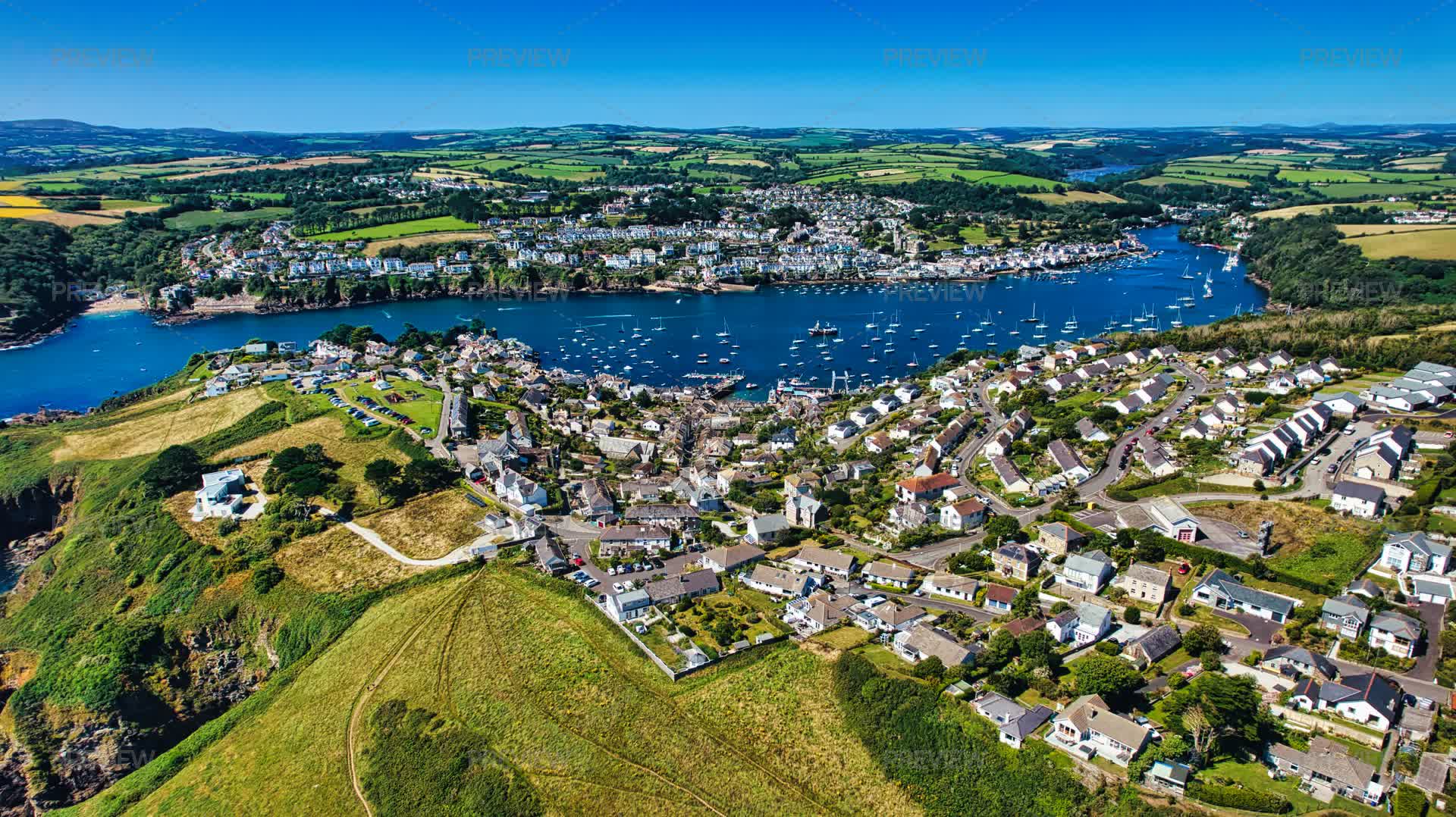Aerial View Of A Coastal Town By The Riv - Stock Photos | Motion Array