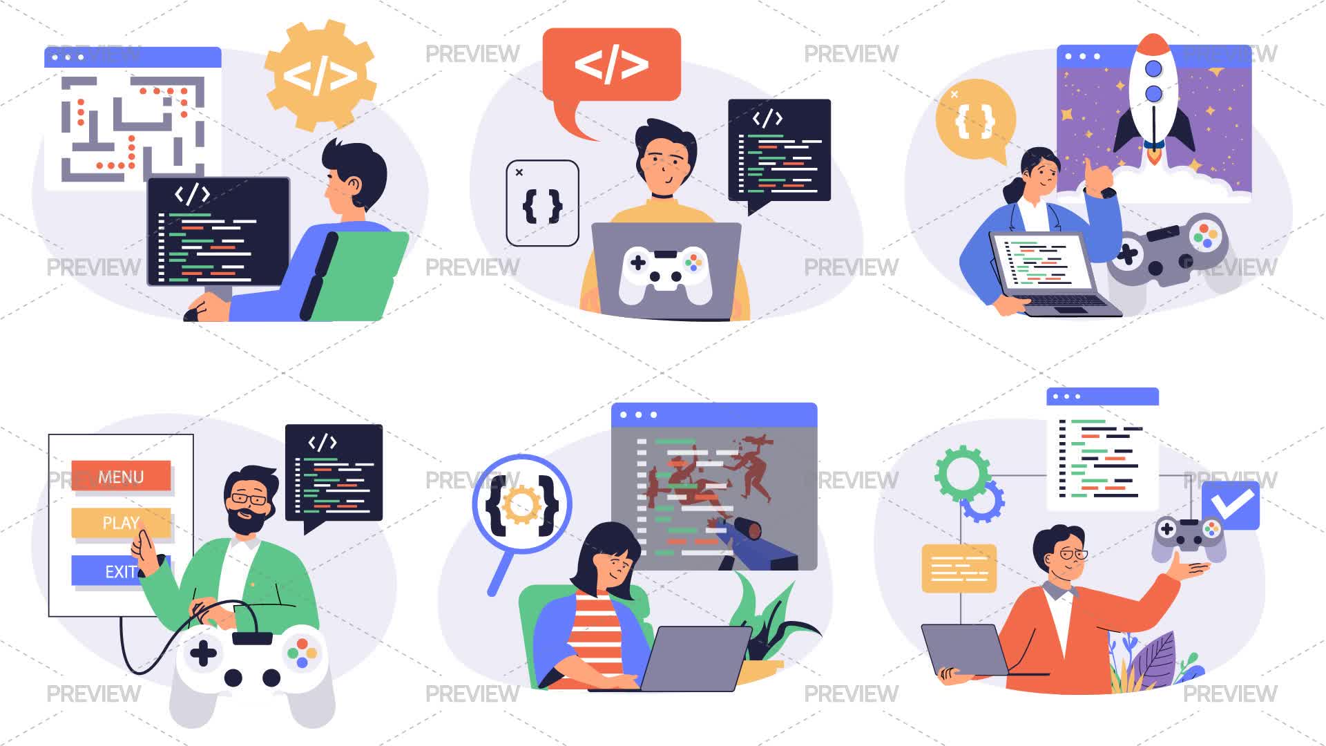 Game Development Generic Graphics 6 Video Game Developer Concept Illustrations - Graphics | Motion Array