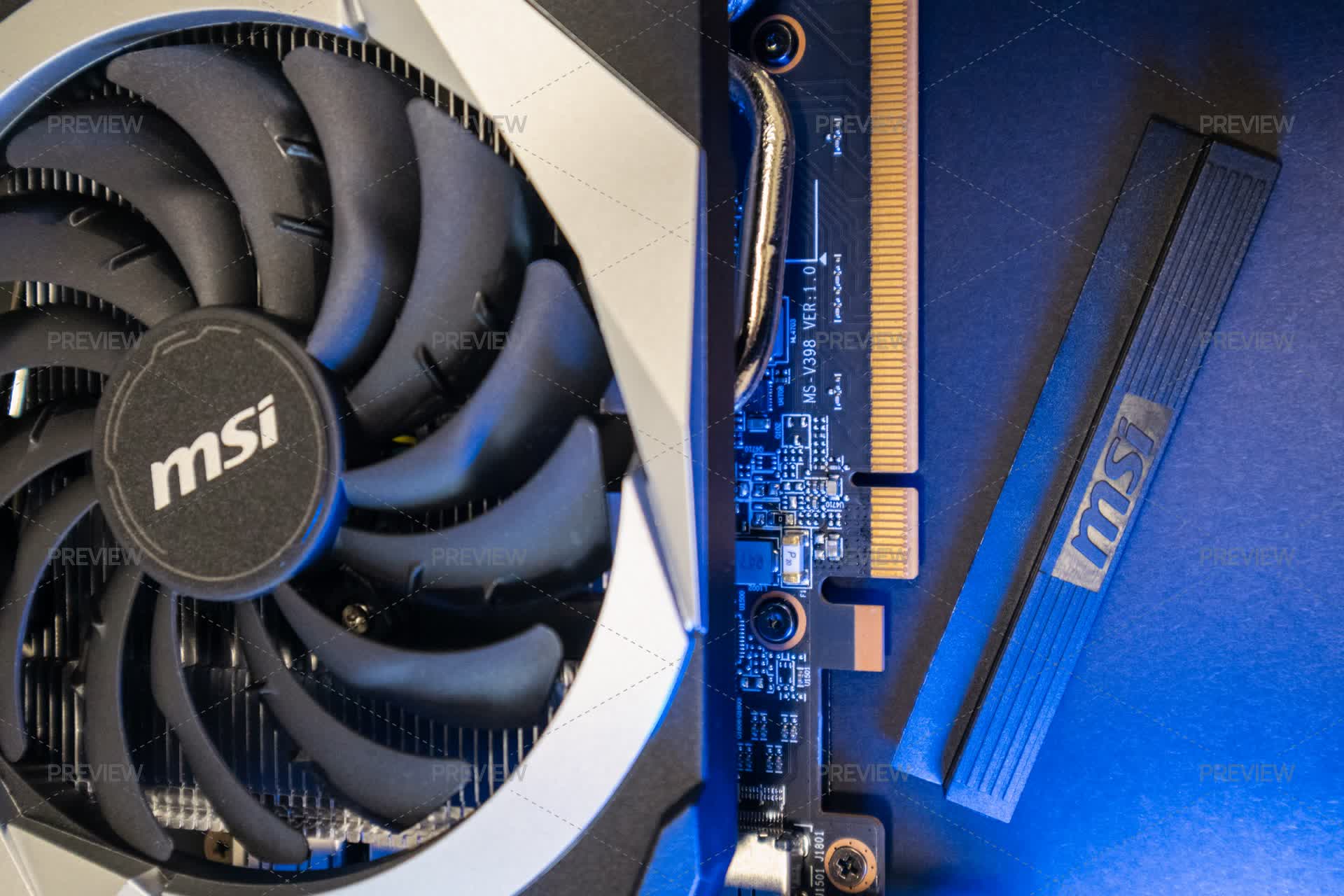 MSI MECH Graphics Card Fan And Connectors In Blue Light Close Up ...