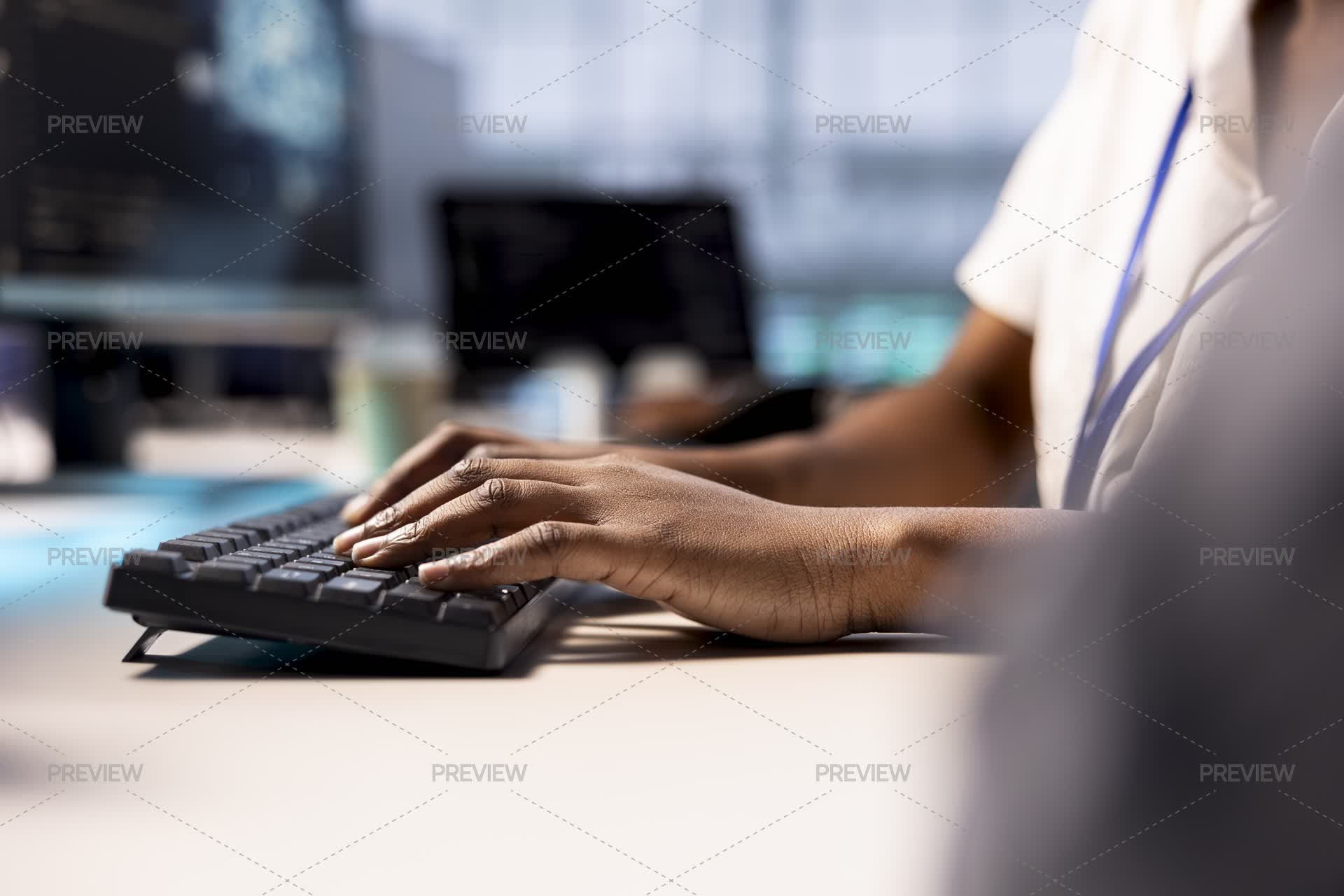 Close Up Of Data Center Cybersecurity Expert Typing On Keyboard - Stock ...