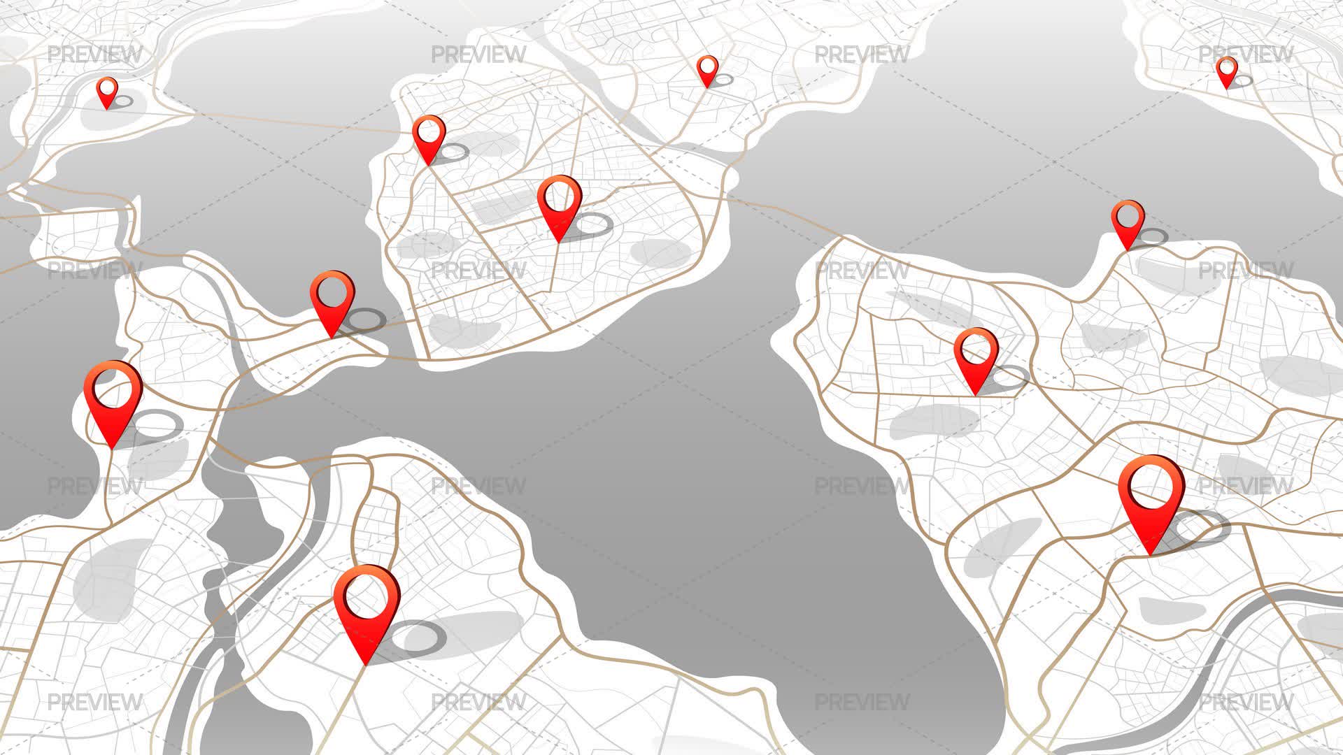 City Map With Location Pins In Perspective - Graphics | Motion Array